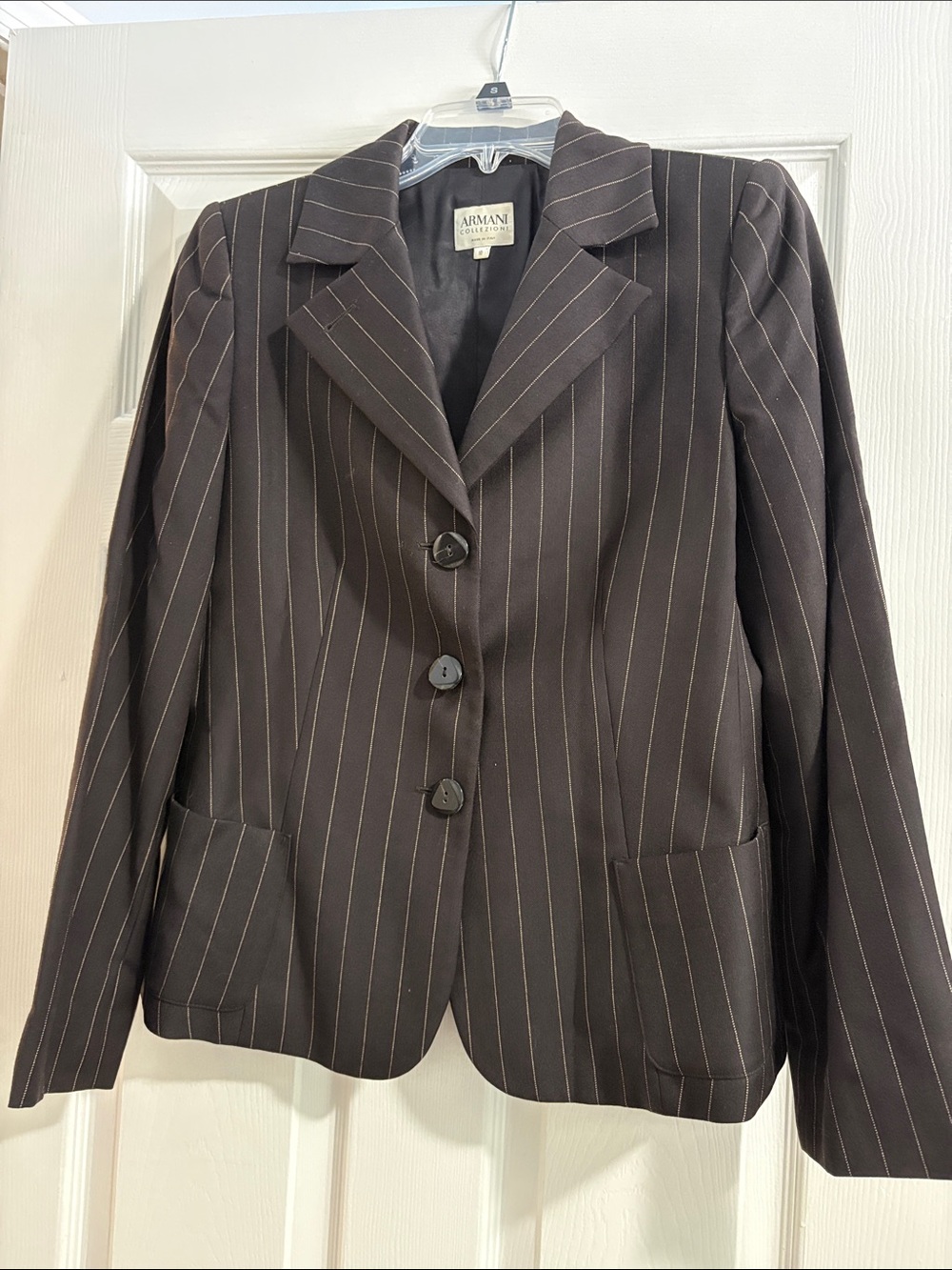 Armani Collezioni Dark Brown Pinstripe 100% Wool Women's Blazer